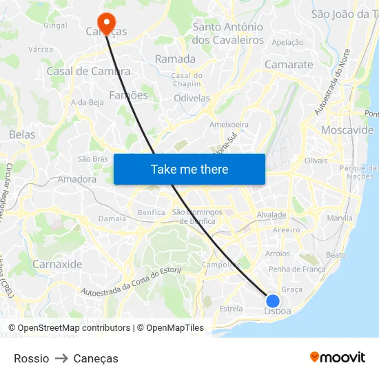 Rossio to Caneças map