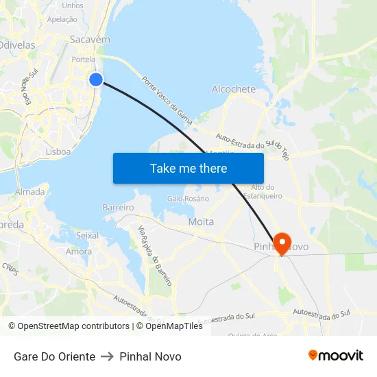 Gare Do Oriente to Pinhal Novo map