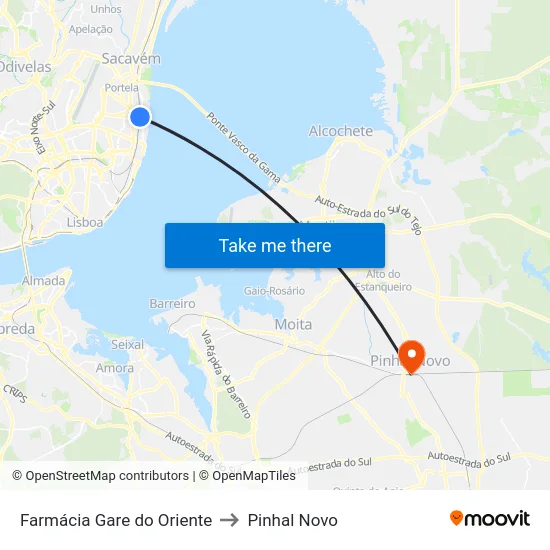 Farmácia Gare do Oriente to Pinhal Novo map