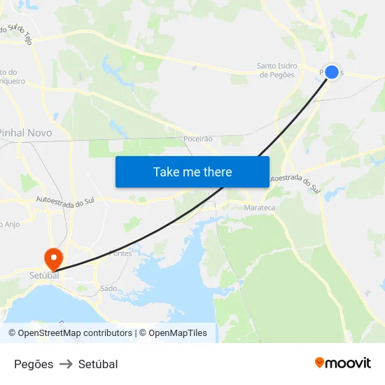 Pegões to Setúbal map