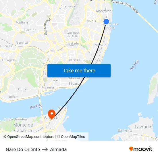 Gare Do Oriente to Almada map
