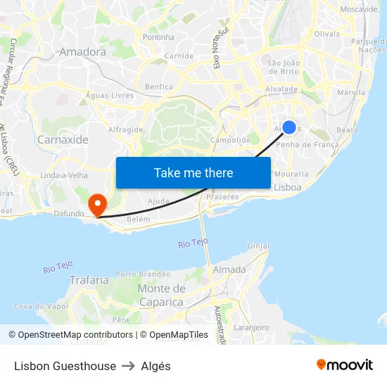 Lisbon Guesthouse to Algés map