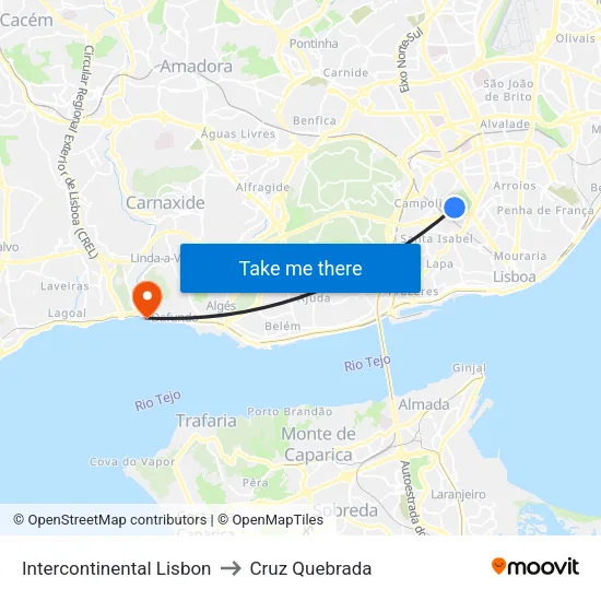 InterContinental Lisbon to Cruz Quebrada map