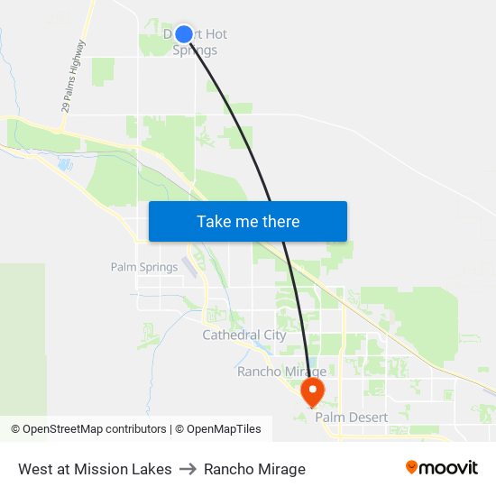 West at Mission Lakes to Rancho Mirage map