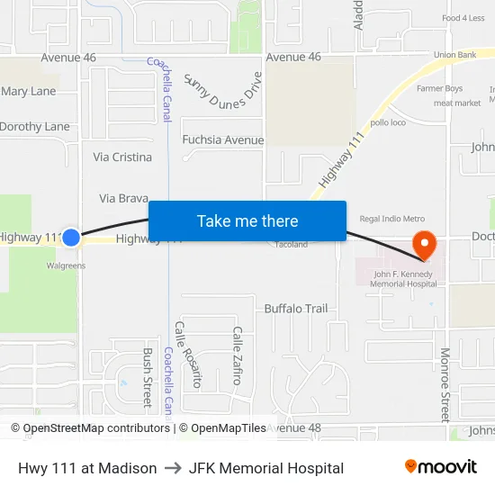 Hwy 111 at Madison to JFK Memorial Hospital map