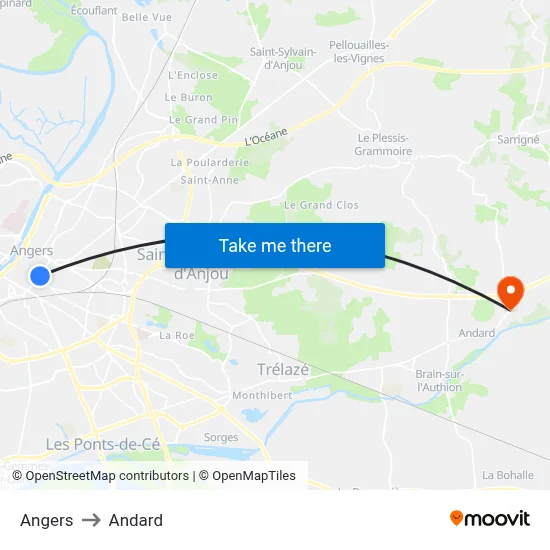 Angers to Andard map