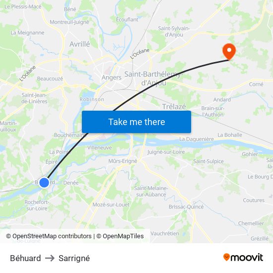 Béhuard to Sarrigné map