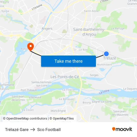 Trélazé Gare to Sco Football map
