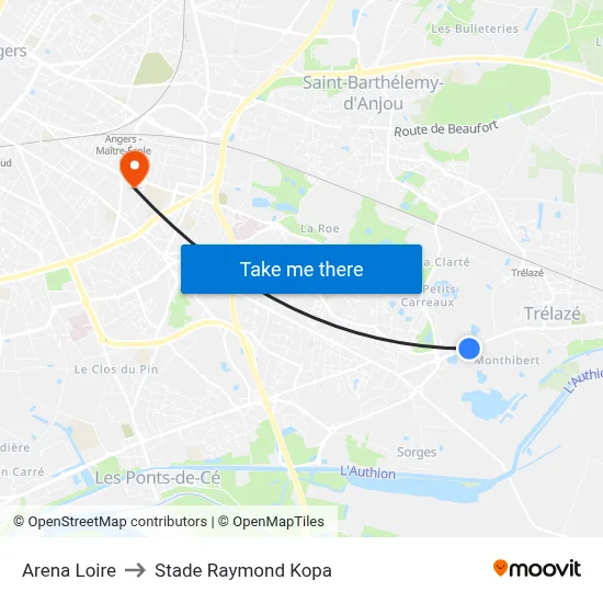 Arena Loire to Stade Raymond Kopa map