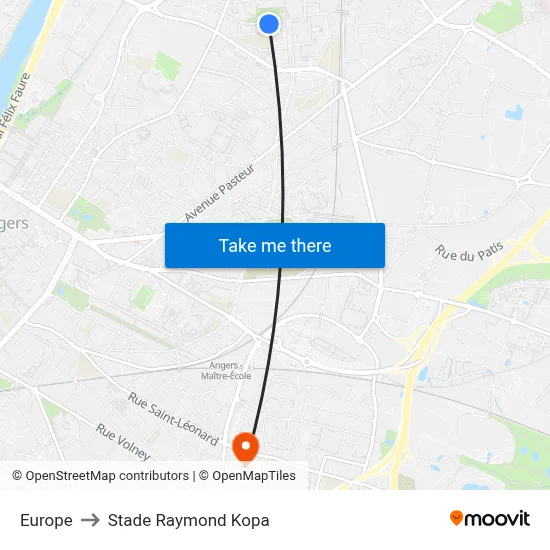 Europe to Stade Raymond Kopa map