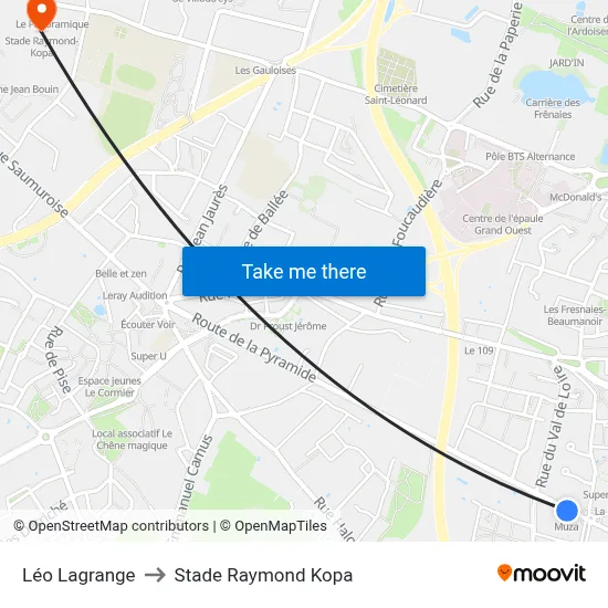 Léo Lagrange to Stade Raymond Kopa map