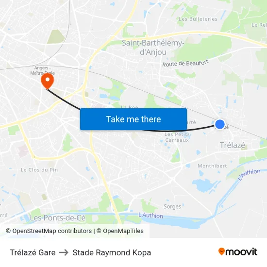 Trélazé Gare to Stade Raymond Kopa map