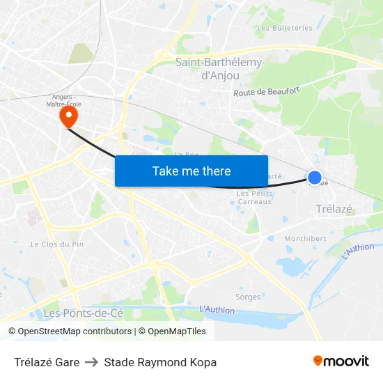 Trélazé Gare to Stade Raymond Kopa map