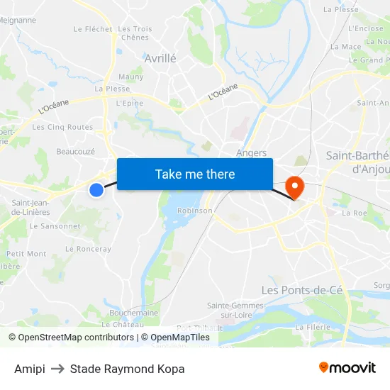 Amipi to Stade Raymond Kopa map