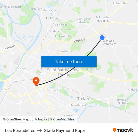 Les Béraudières to Stade Raymond Kopa map