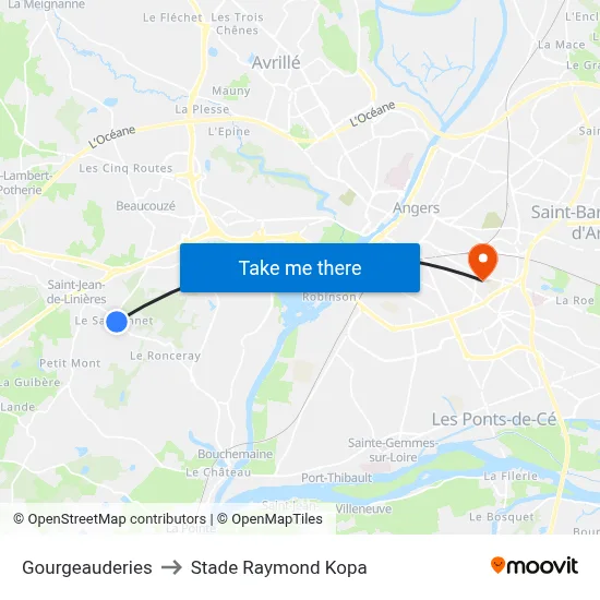 Gourgeauderies to Stade Raymond Kopa map