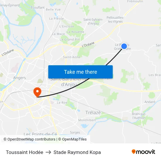 Toussaint Hodée to Stade Raymond Kopa map