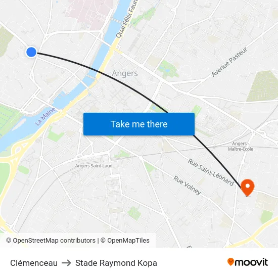 Clémenceau to Stade Raymond Kopa map
