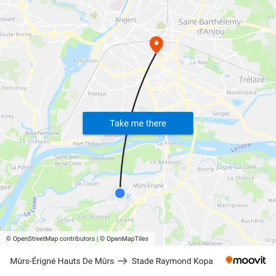 Mûrs-Érigné Hauts De Mûrs to Stade Raymond Kopa map