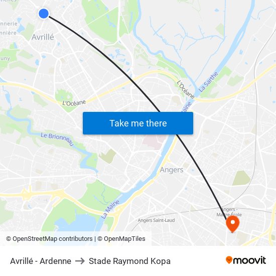 Avrillé - Ardenne to Stade Raymond Kopa map