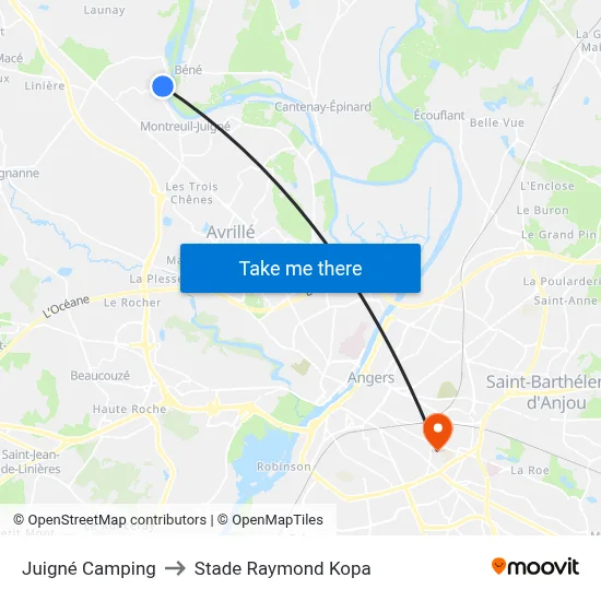 Juigné Camping to Stade Raymond Kopa map