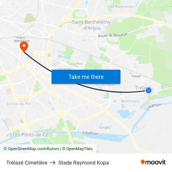 Trélazé Cimetière to Stade Raymond Kopa map