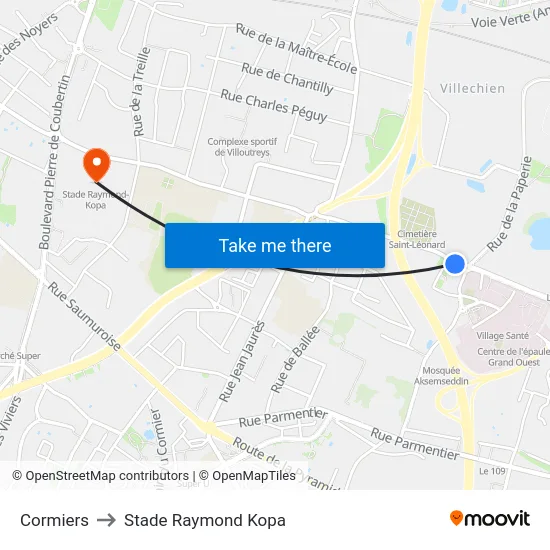 Cormiers to Stade Raymond Kopa map