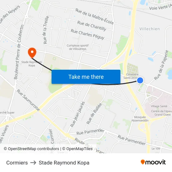 Cormiers to Stade Raymond Kopa map