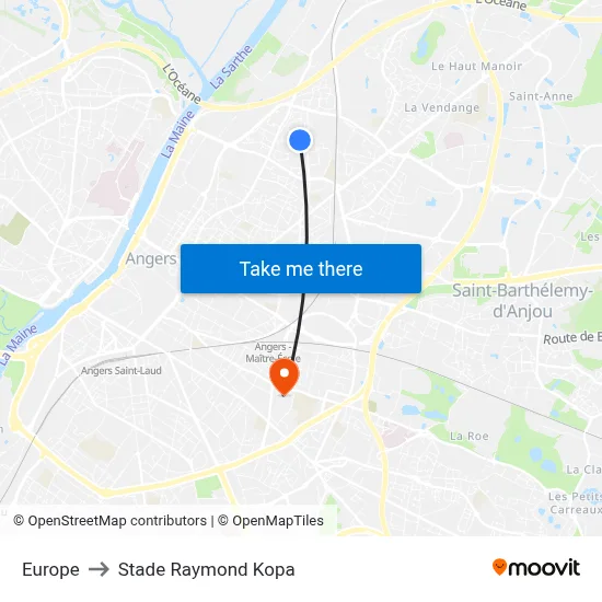 Europe to Stade Raymond Kopa map
