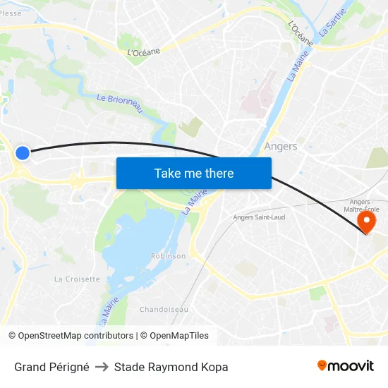 Grand Périgné to Stade Raymond Kopa map