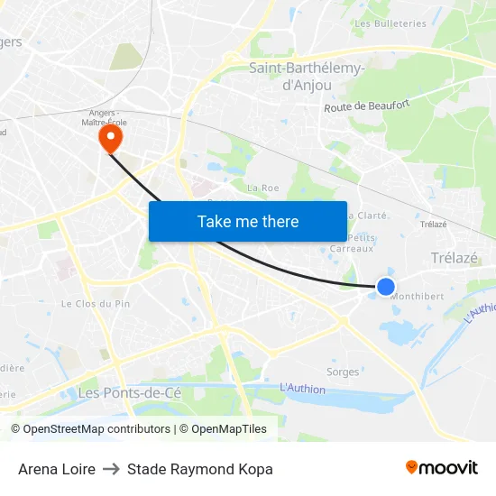 Arena Loire to Stade Raymond Kopa map