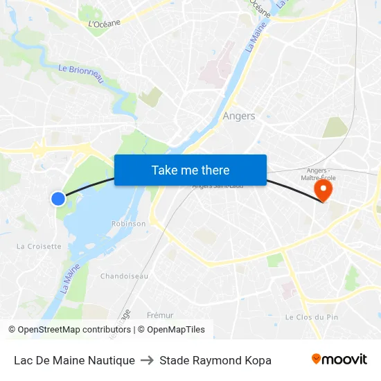 Lac De Maine Nautique to Stade Raymond Kopa map