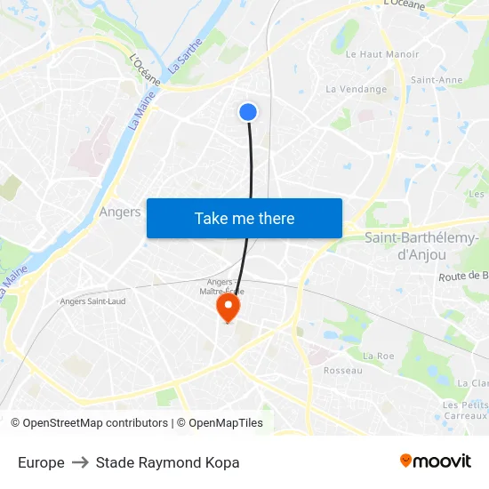 Europe to Stade Raymond Kopa map