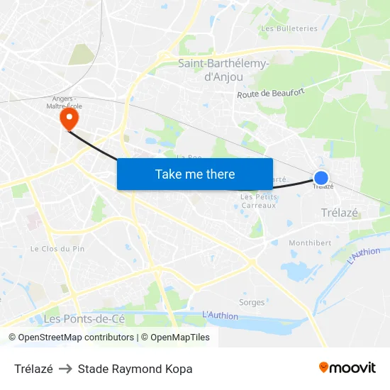 Trélazé to Stade Raymond Kopa map