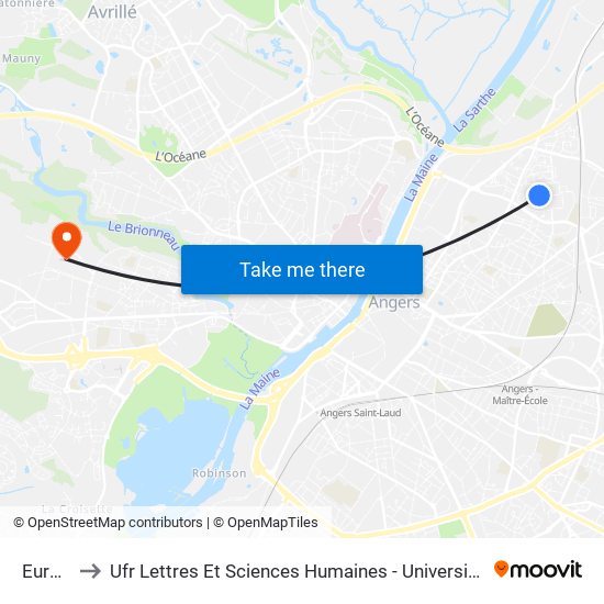 Europe to Ufr Lettres Et Sciences Humaines - Université D'Angers map