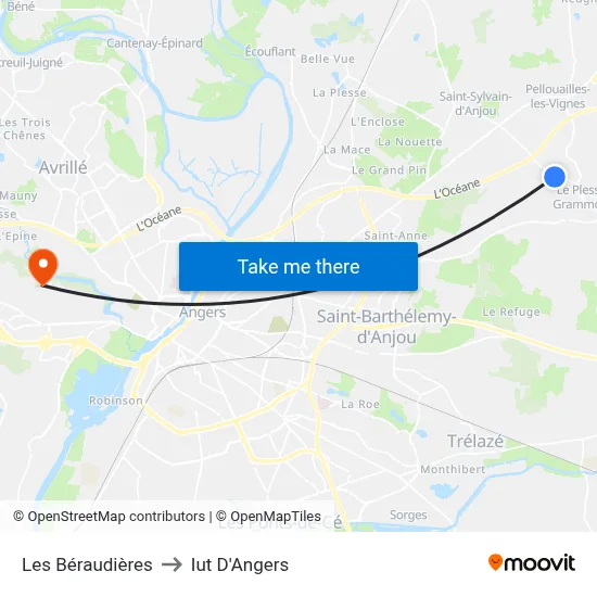 Les Béraudières to Iut D'Angers map