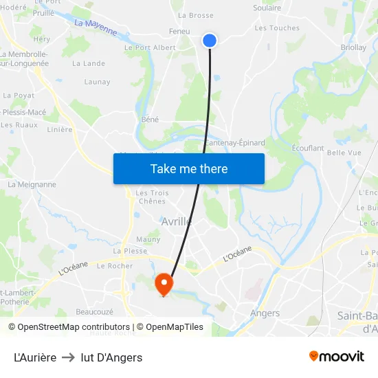 L'Aurière to Iut D'Angers map
