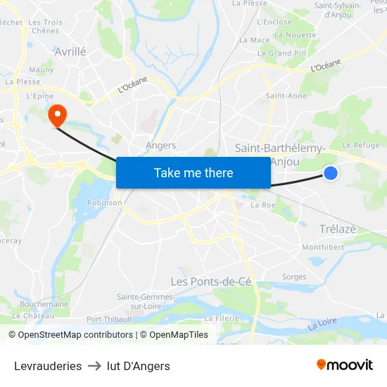 Levrauderies to Iut D'Angers map