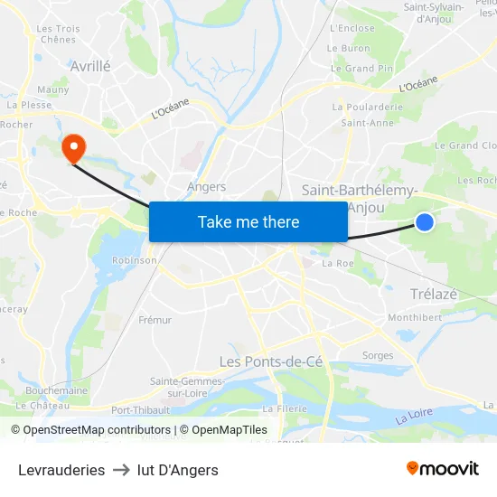 Levrauderies to Iut D'Angers map