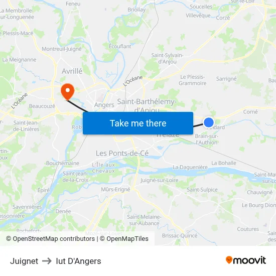 Juignet to Iut D'Angers map