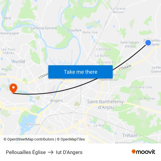 Pellouailles Église to Iut D'Angers map