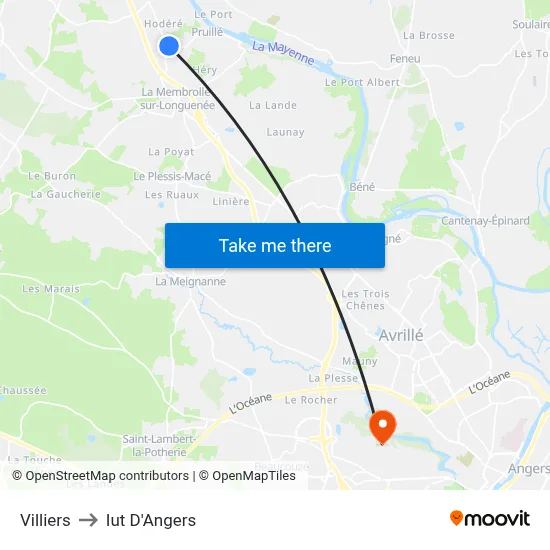 Villiers to Iut D'Angers map