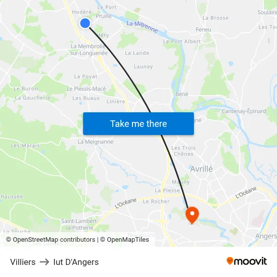 Villiers to Iut D'Angers map