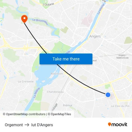 Orgemont to Iut D'Angers map