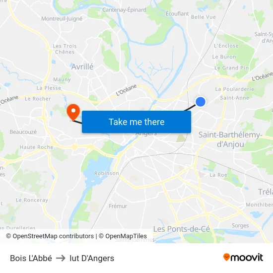 Bois L'Abbé to Iut D'Angers map
