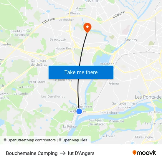 Bouchemaine Camping to Iut D'Angers map