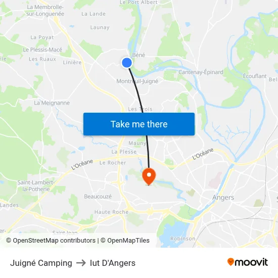 Juigné Camping to Iut D'Angers map