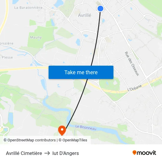 Avrillé Cimetière to Iut D'Angers map