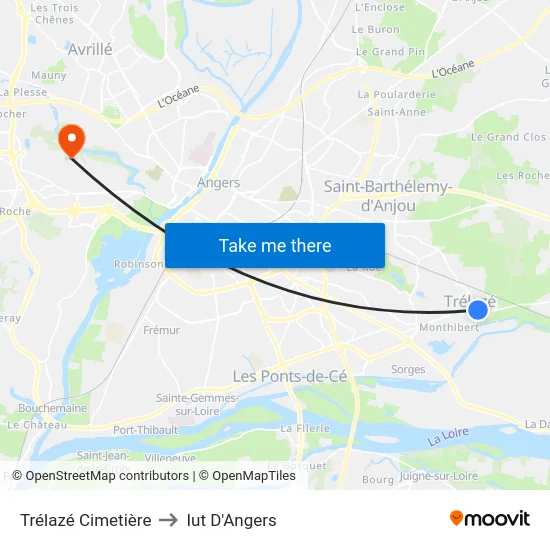 Trélazé Cimetière to Iut D'Angers map