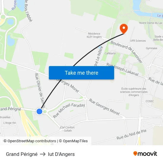 Grand Périgné to Iut D'Angers map